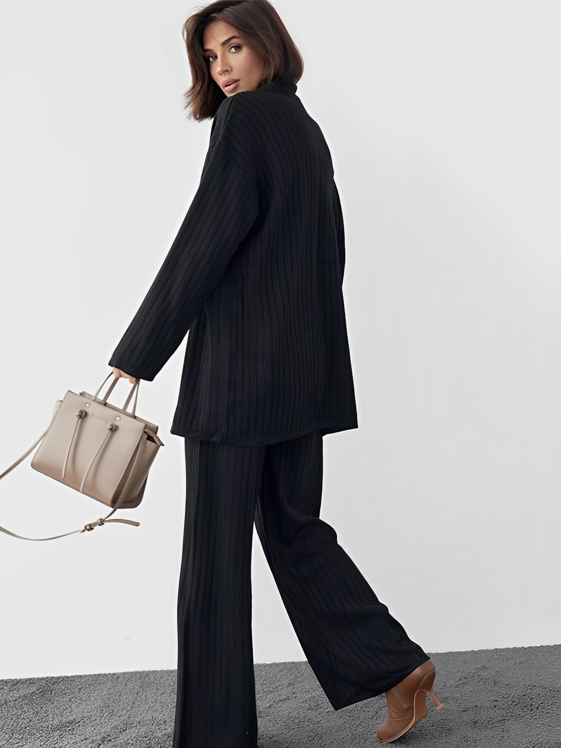 Ribbed Set with Long Button-Down Shirt and Straight Pants – Camila