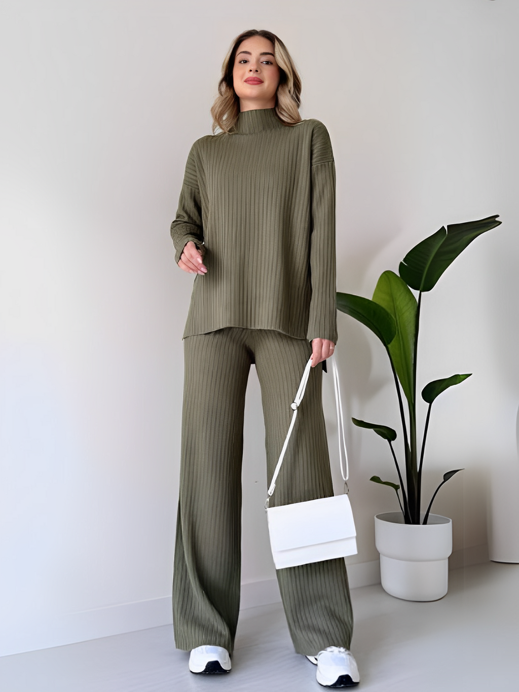 Ribbed Knit Set with Mullet Sweater and Wide-Leg Pants – Grace