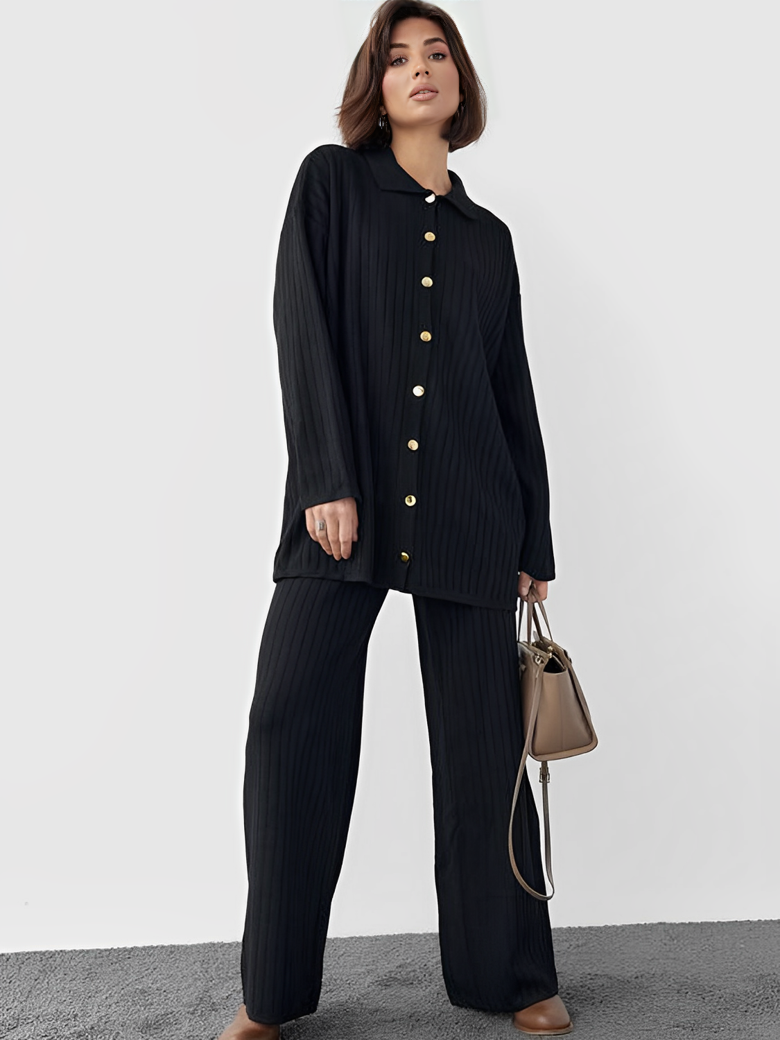 Ribbed Set with Long Button-Down Shirt and Straight Pants – Camila