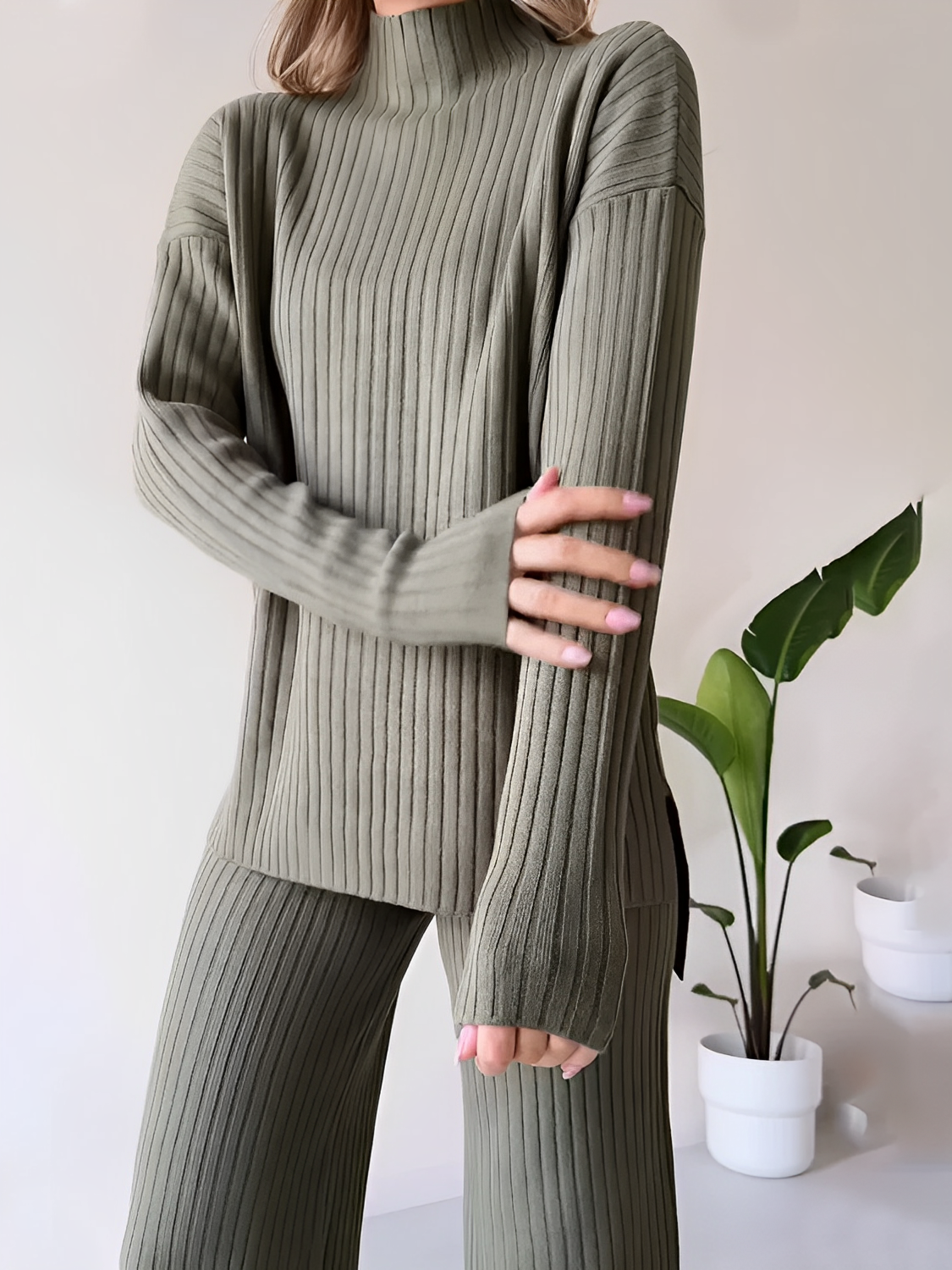 Ribbed Knit Set with Mullet Sweater and Wide-Leg Pants – Grace