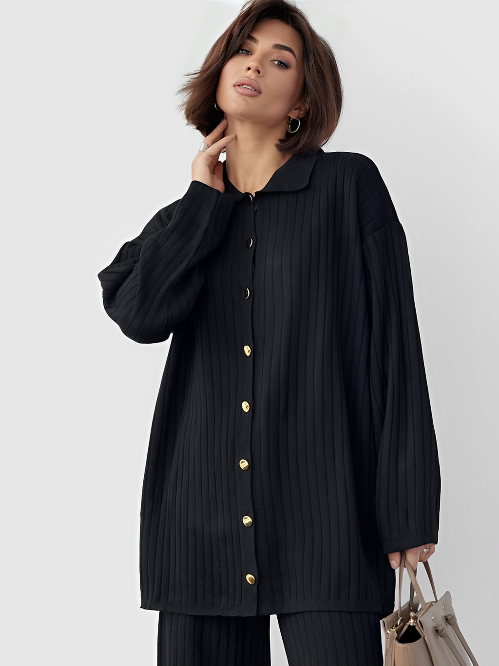 Ribbed Set with Long Button-Down Shirt and Straight Pants – Camila