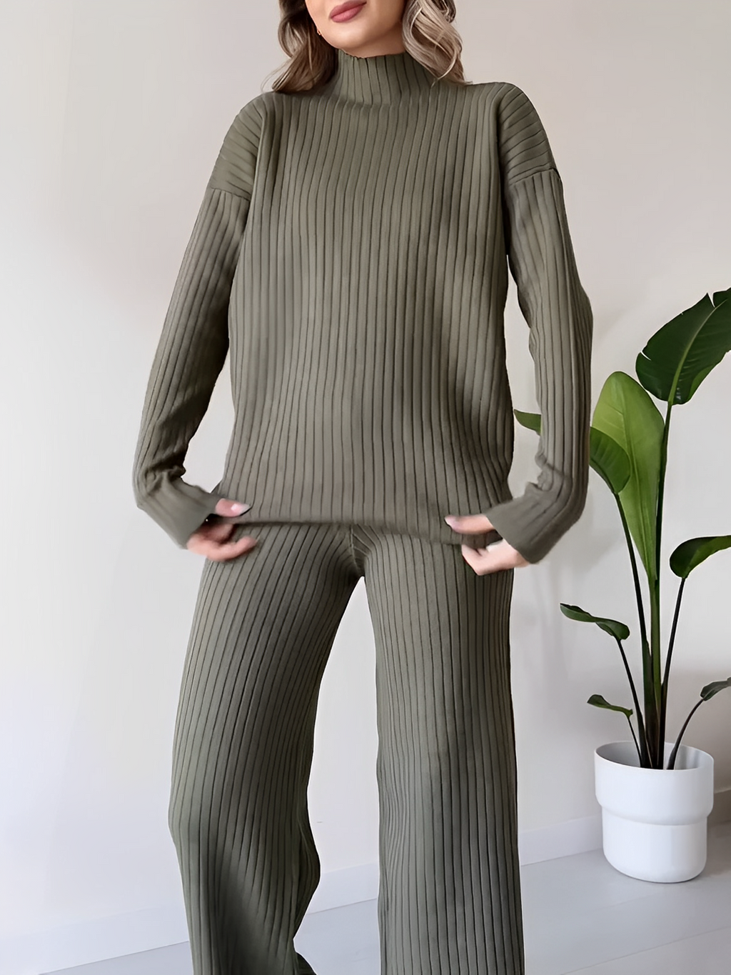 Ribbed Knit Set with Mullet Sweater and Wide-Leg Pants – Grace