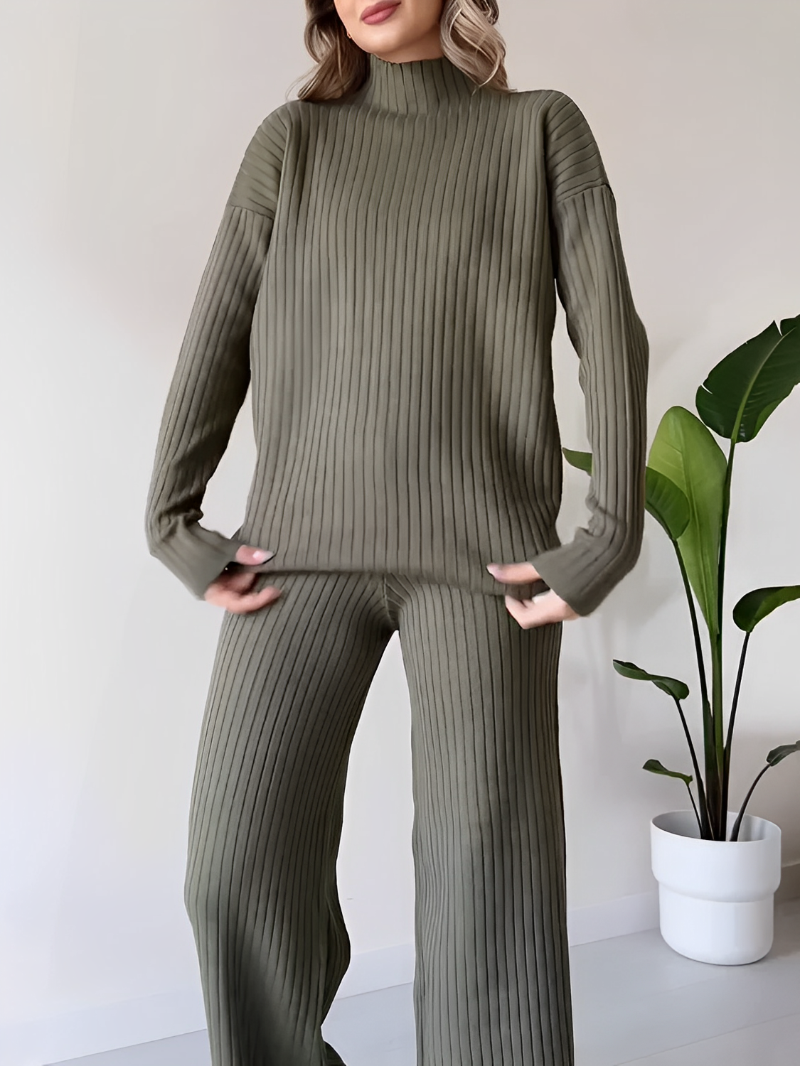 Ribbed Knit Set with Mullet Sweater and Wide-Leg Pants – Grace