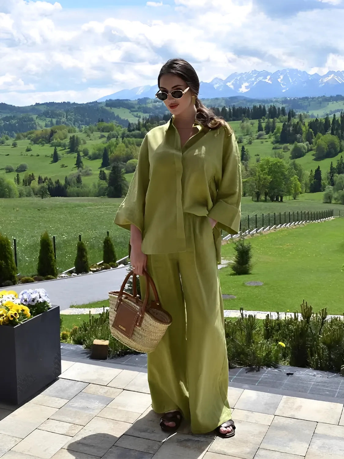 Button-Up Long-Sleeve Shirt and Wide-Leg Pants Set – Daniela