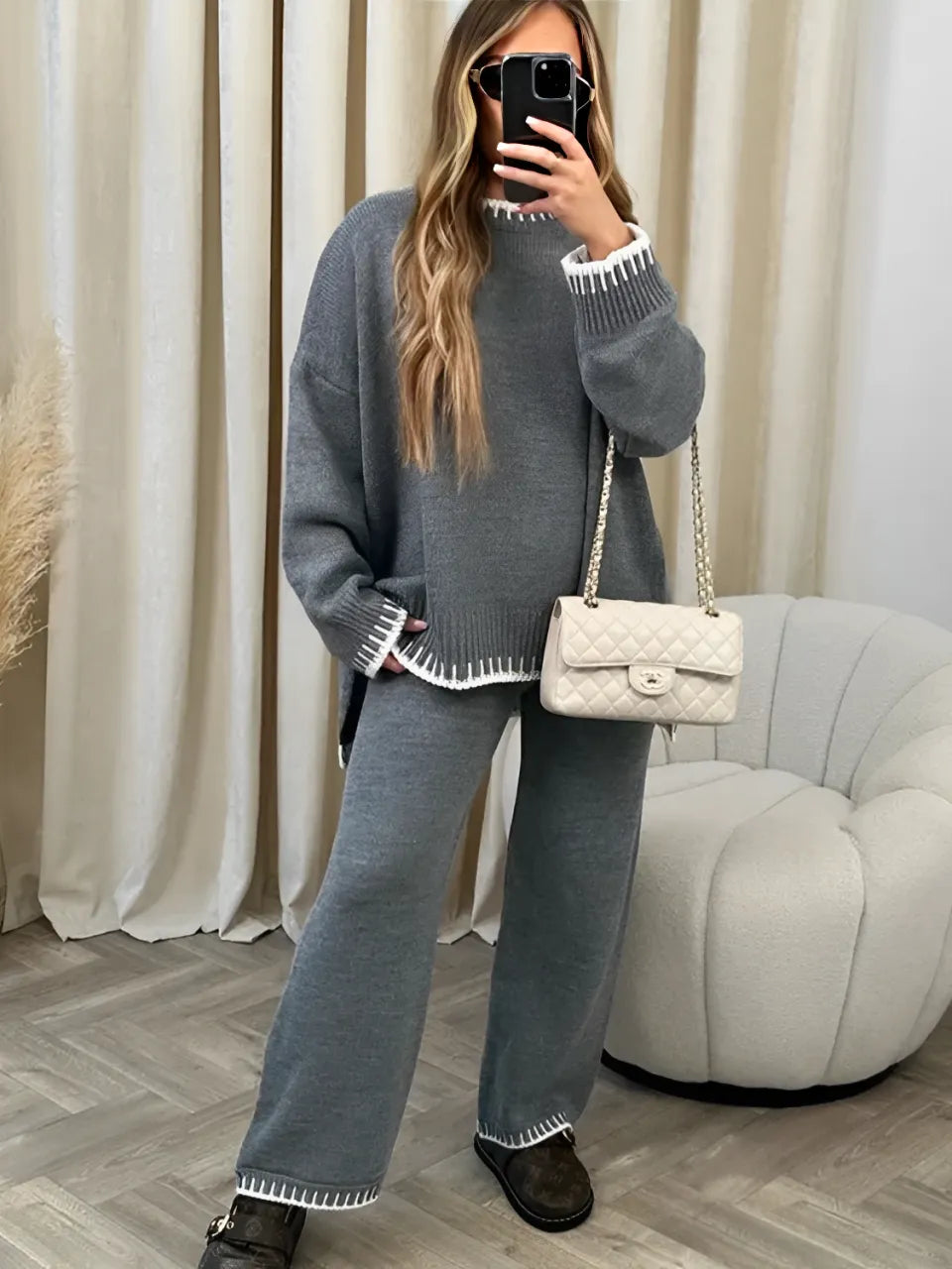 Women’s Sweater and Pants Set with Crochet Details – Iris