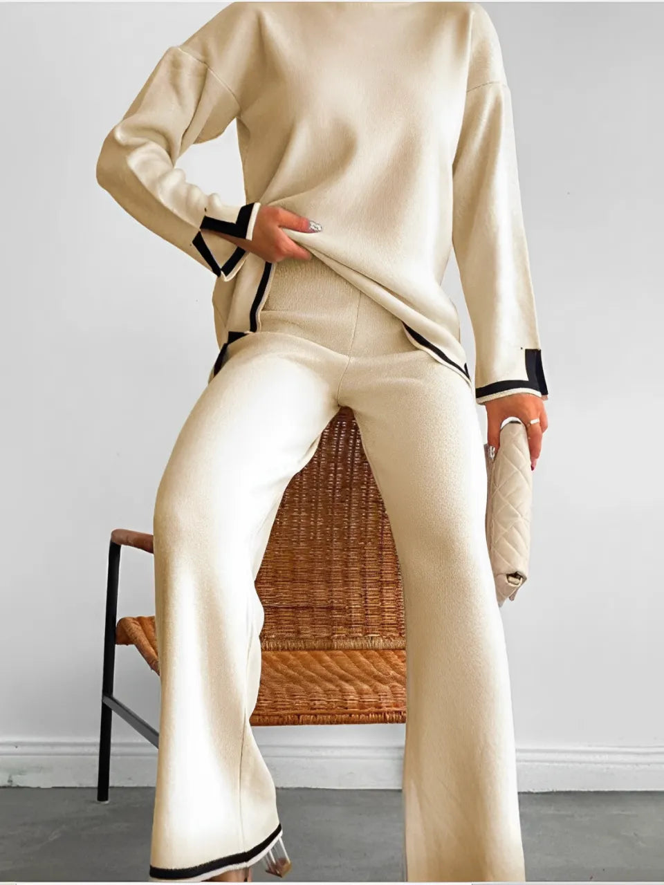 Long-Sleeve Mullet Blouse and Elastic-Waist Pants Set – Adele