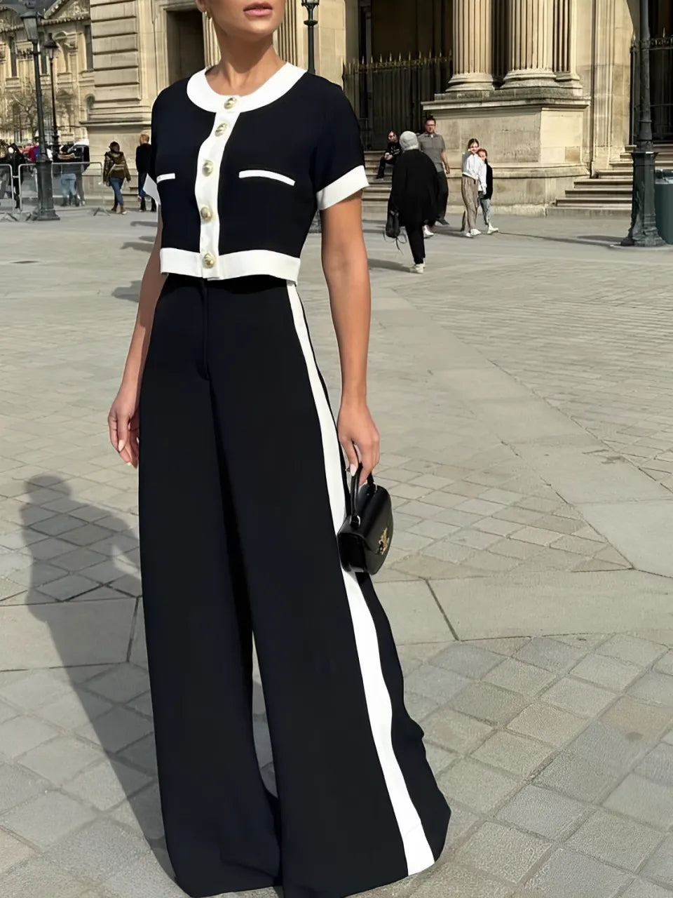 Buttoned Cropped Blouse and High-Waist Pants Set – Victoria