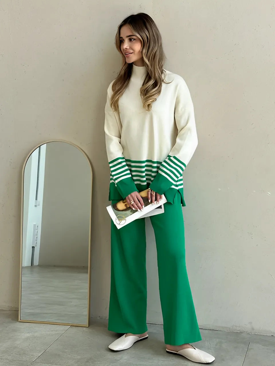 Striped High-Neck Sweater and Elastic-Waist Pants Set – July