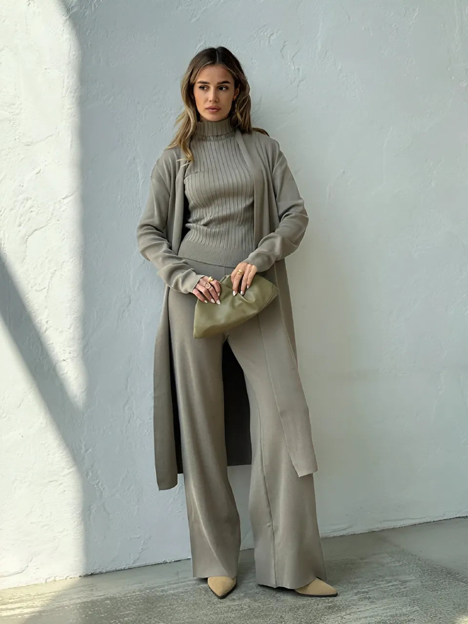 3-Piece Set with Ribbed Blouse, Cardigan, and Wide-Leg Pants – Lolla