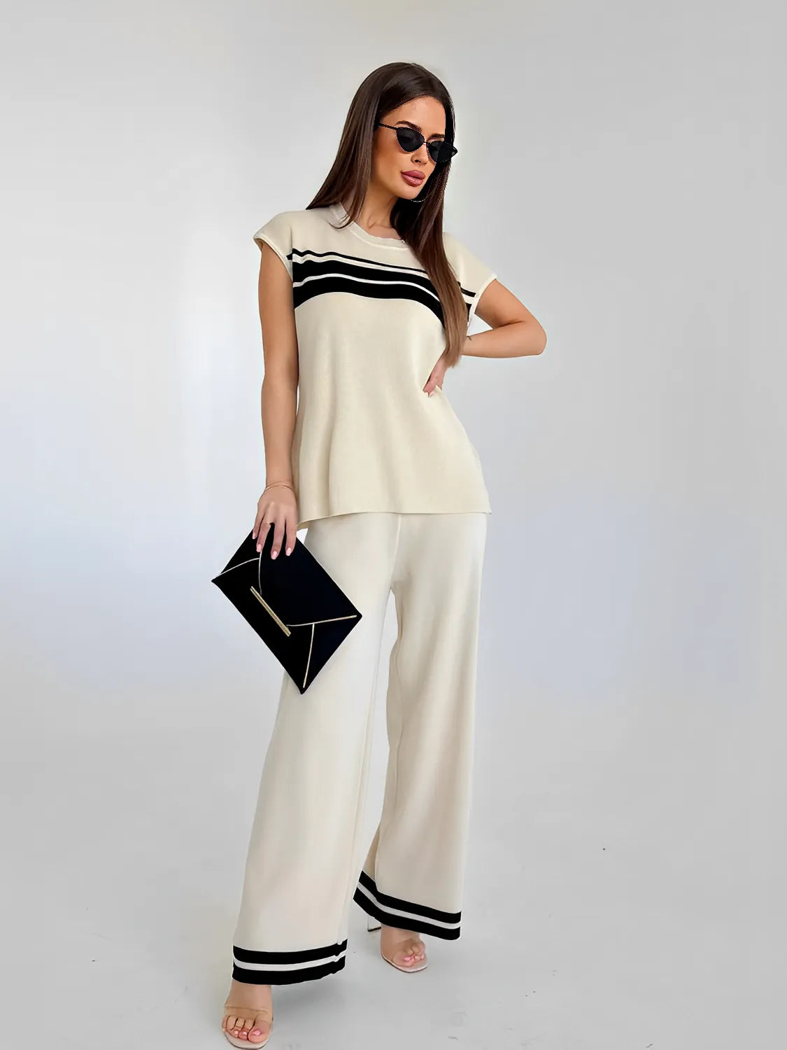 Striped Viscose Set with Short-Sleeve Blouse and Loose Pants – Emilia