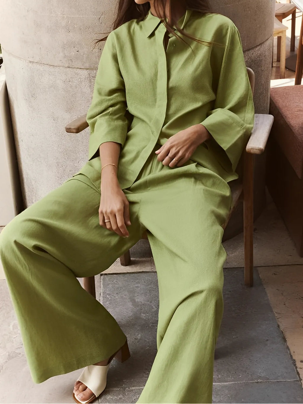 Button-Up Long-Sleeve Shirt and Wide-Leg Pants Set – Daniela