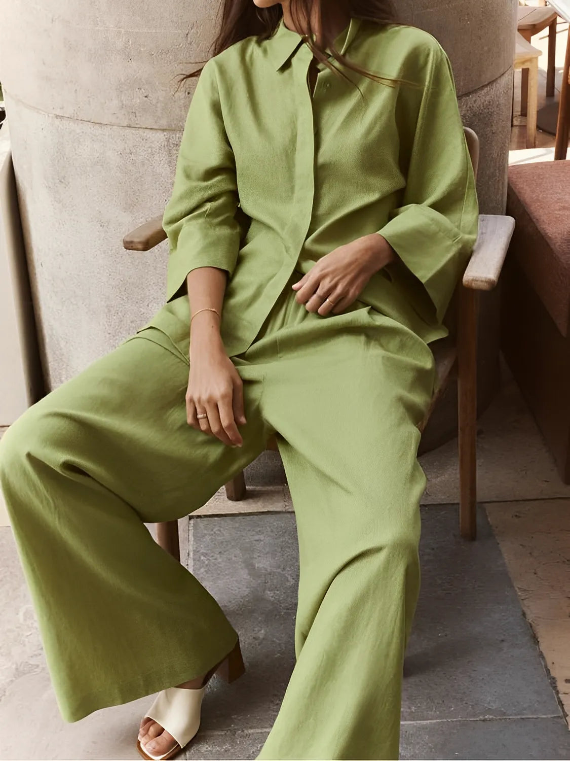 Button-Up Long-Sleeve Shirt and Wide-Leg Pants Set – Daniela