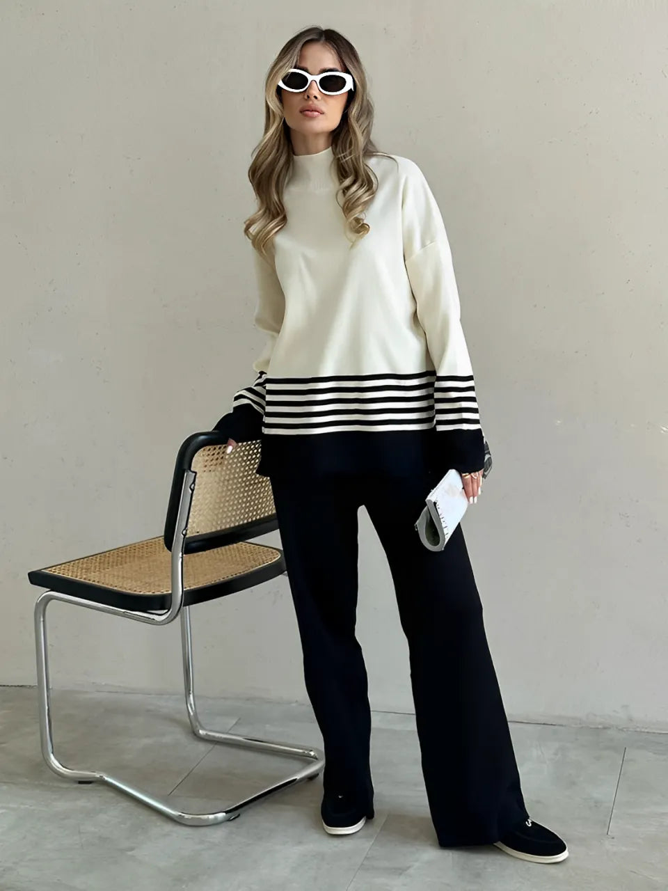Striped High-Neck Sweater and Elastic-Waist Pants Set – July