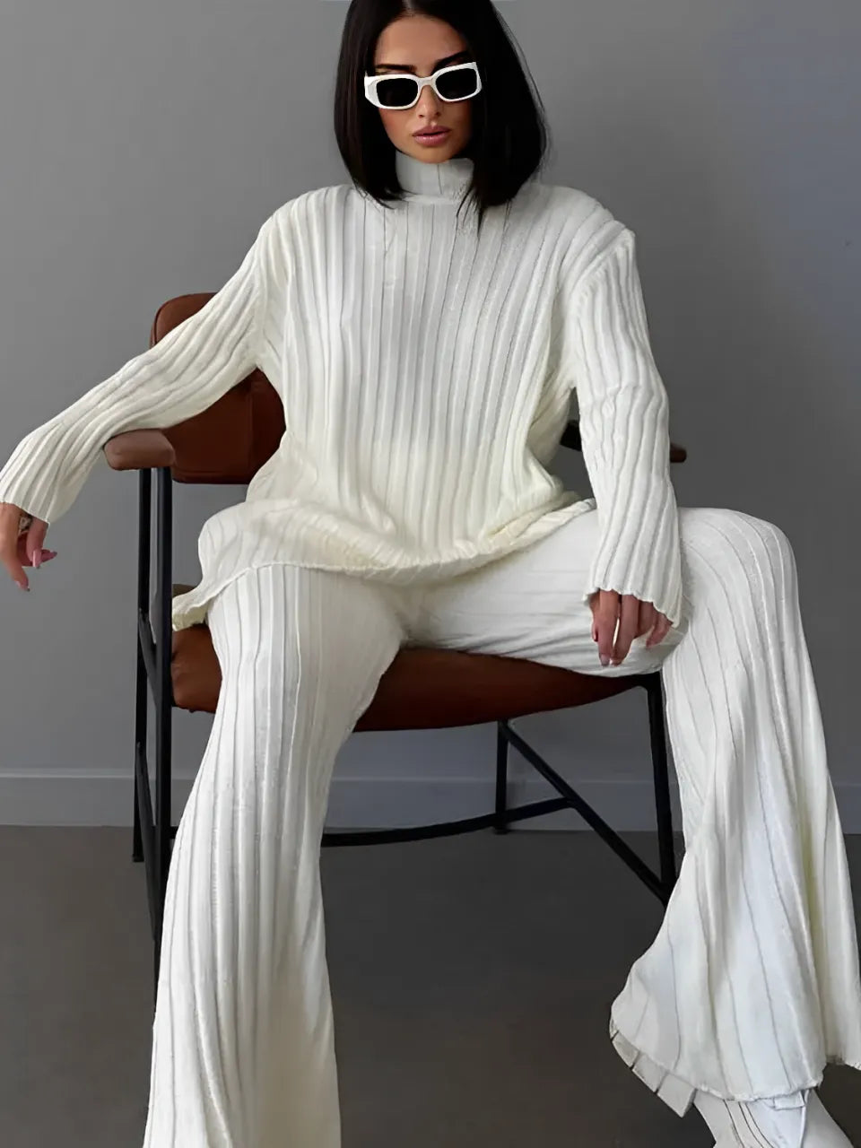 Ribbed Knit Set with High-Neck Sweater and Flare Pants – Luna