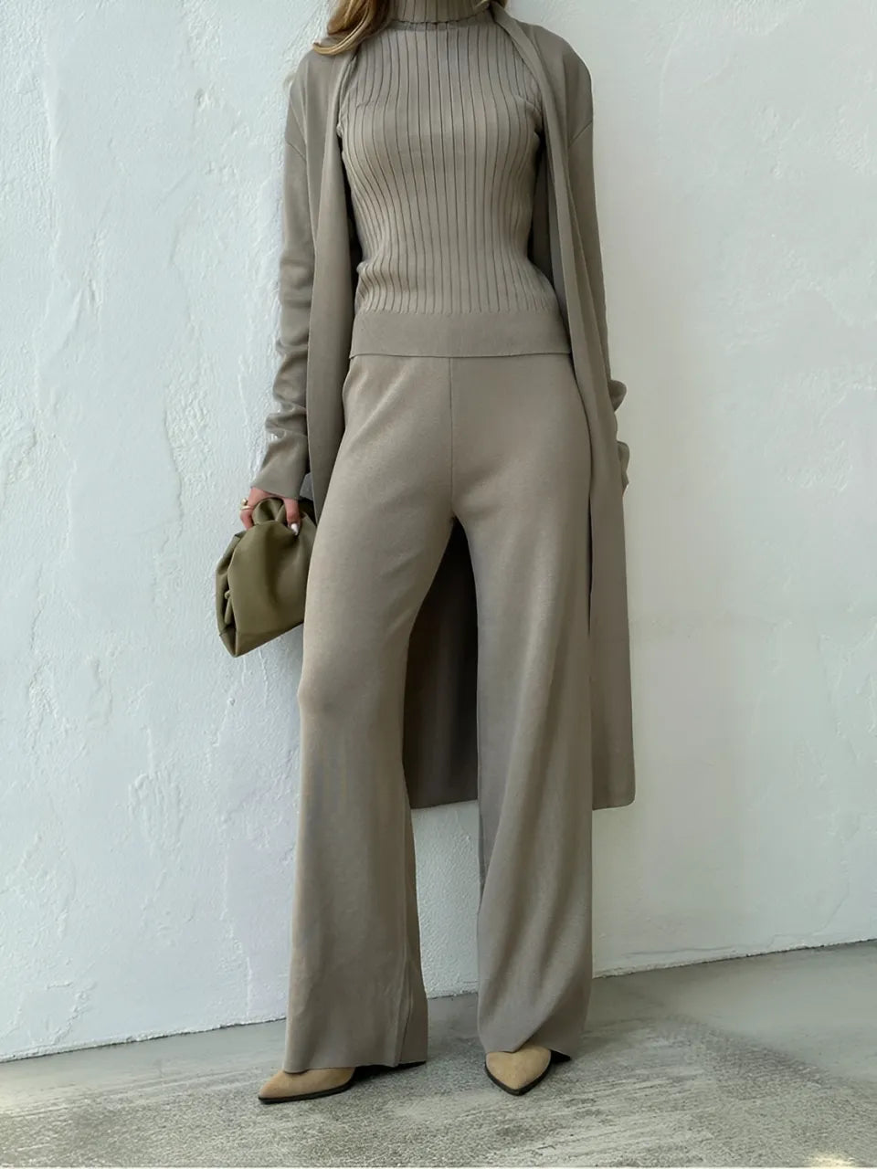 3-Piece Set with Ribbed Blouse, Cardigan, and Wide-Leg Pants – Lolla