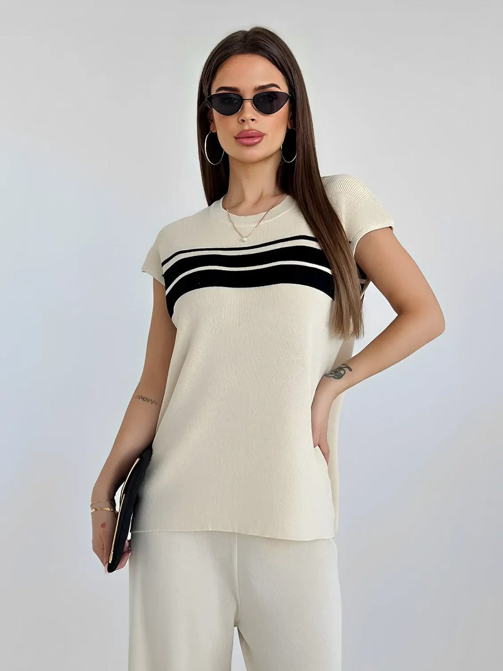 Striped Viscose Set with Short-Sleeve Blouse and Loose Pants – Emilia