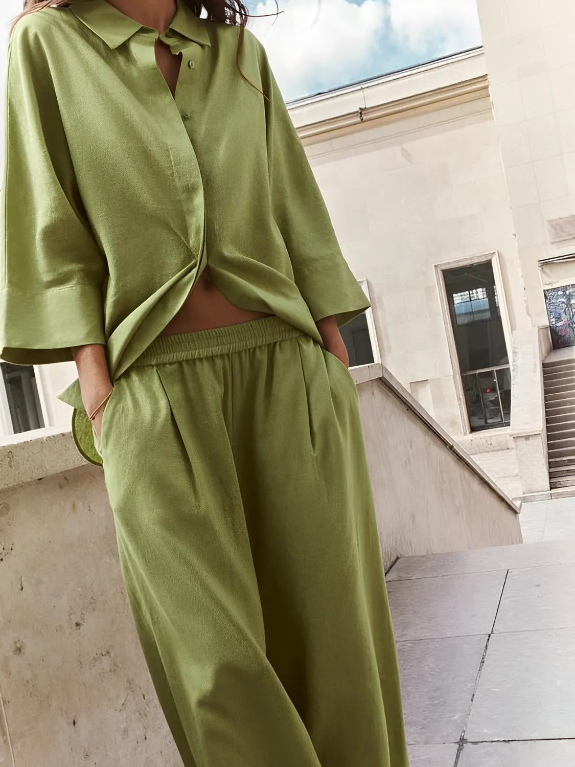 Button-Up Long-Sleeve Shirt and Wide-Leg Pants Set – Daniela