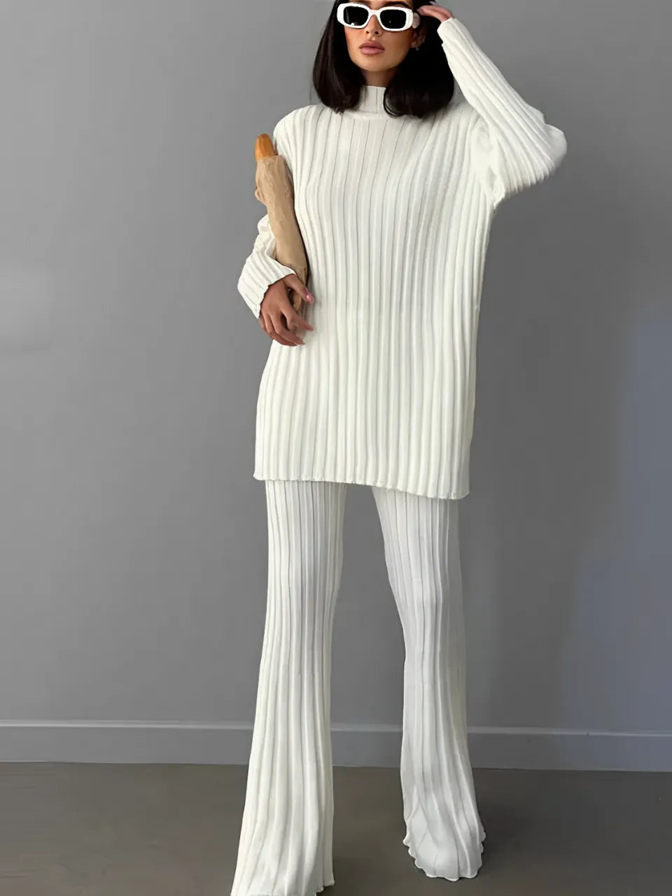Ribbed Knit Set with High-Neck Sweater and Flare Pants – Luna
