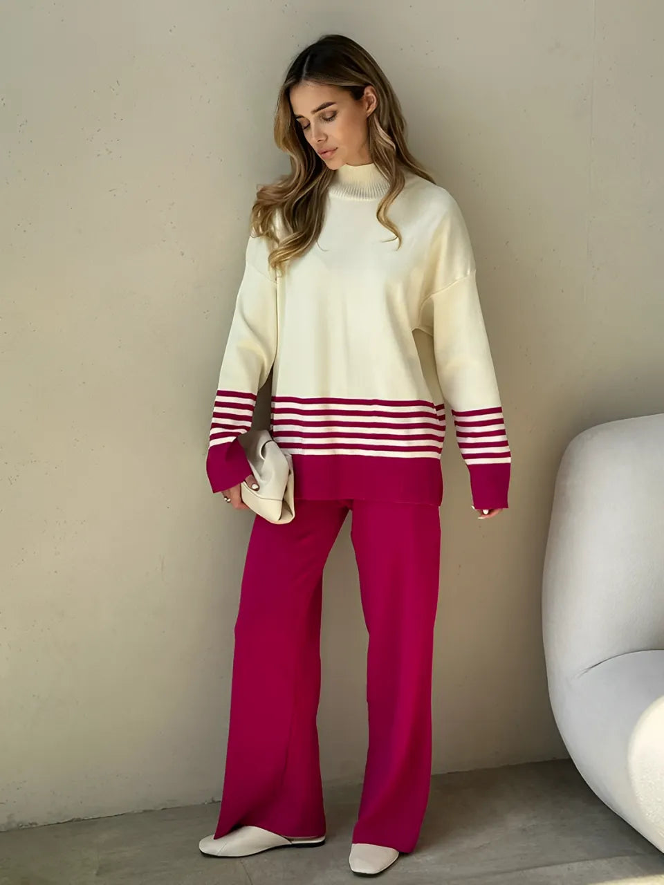 Striped High-Neck Sweater and Elastic-Waist Pants Set – July