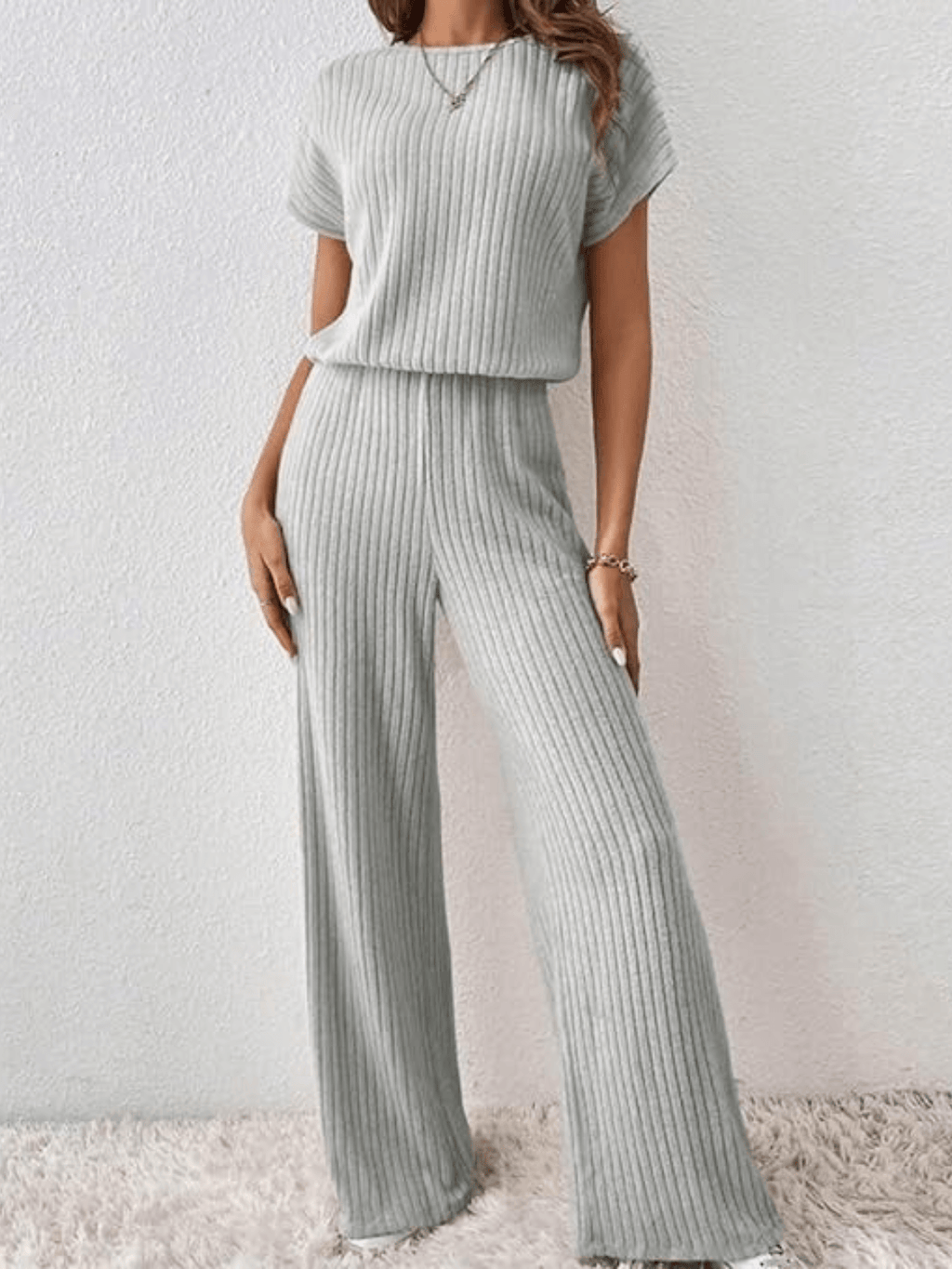 Ribbed Set with Batwing Sleeve Blouse and Wide-Leg Pants – Maite
