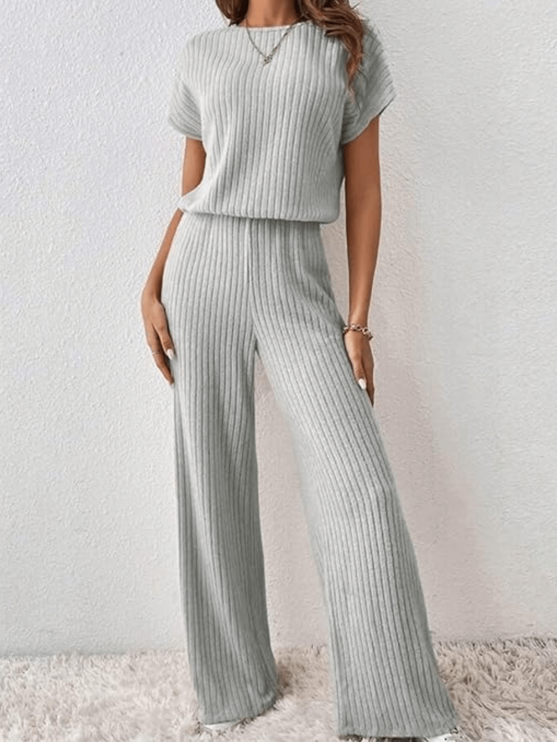 Ribbed Set with Batwing Sleeve Blouse and Wide-Leg Pants – Maite