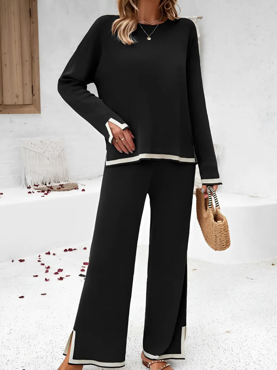 Long-Sleeve Mullet Blouse and Elastic-Waist Pants Set – Adele