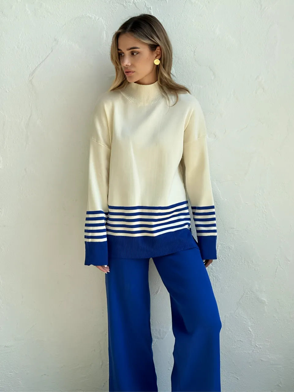 Striped High-Neck Sweater and Elastic-Waist Pants Set – July
