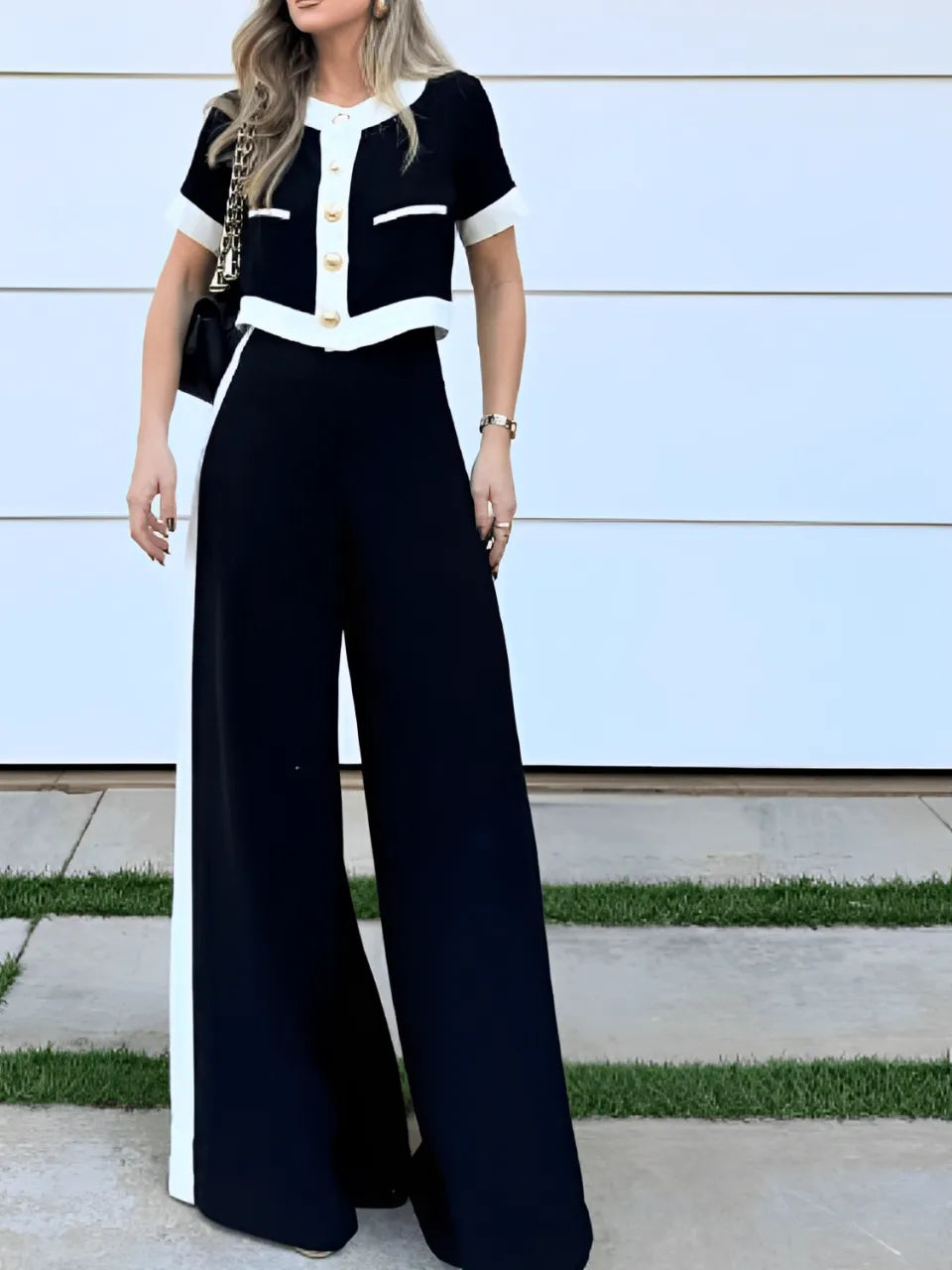 Buttoned Cropped Blouse and High-Waist Pants Set – Victoria
