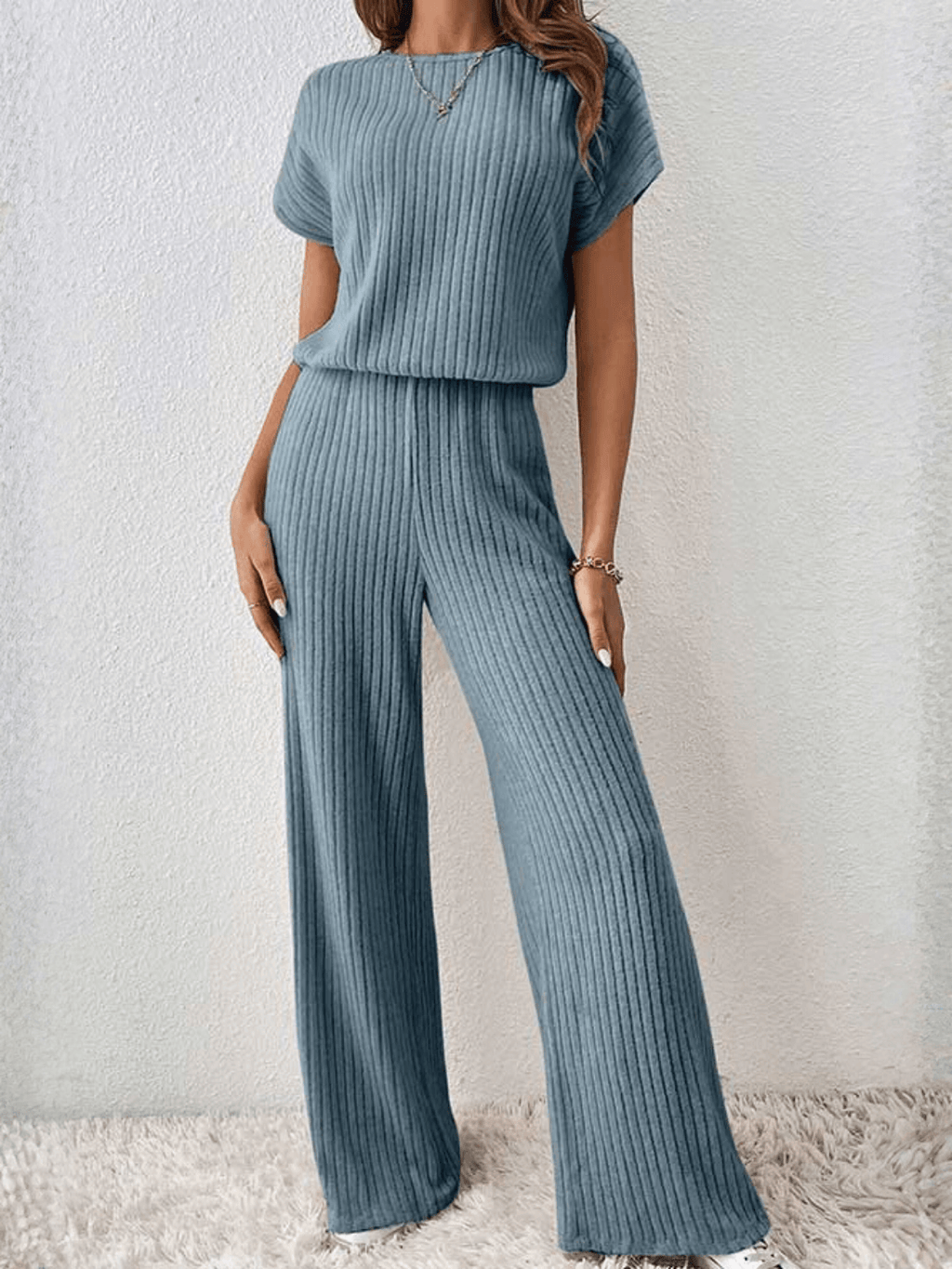 Ribbed Set with Batwing Sleeve Blouse and Wide-Leg Pants – Maite