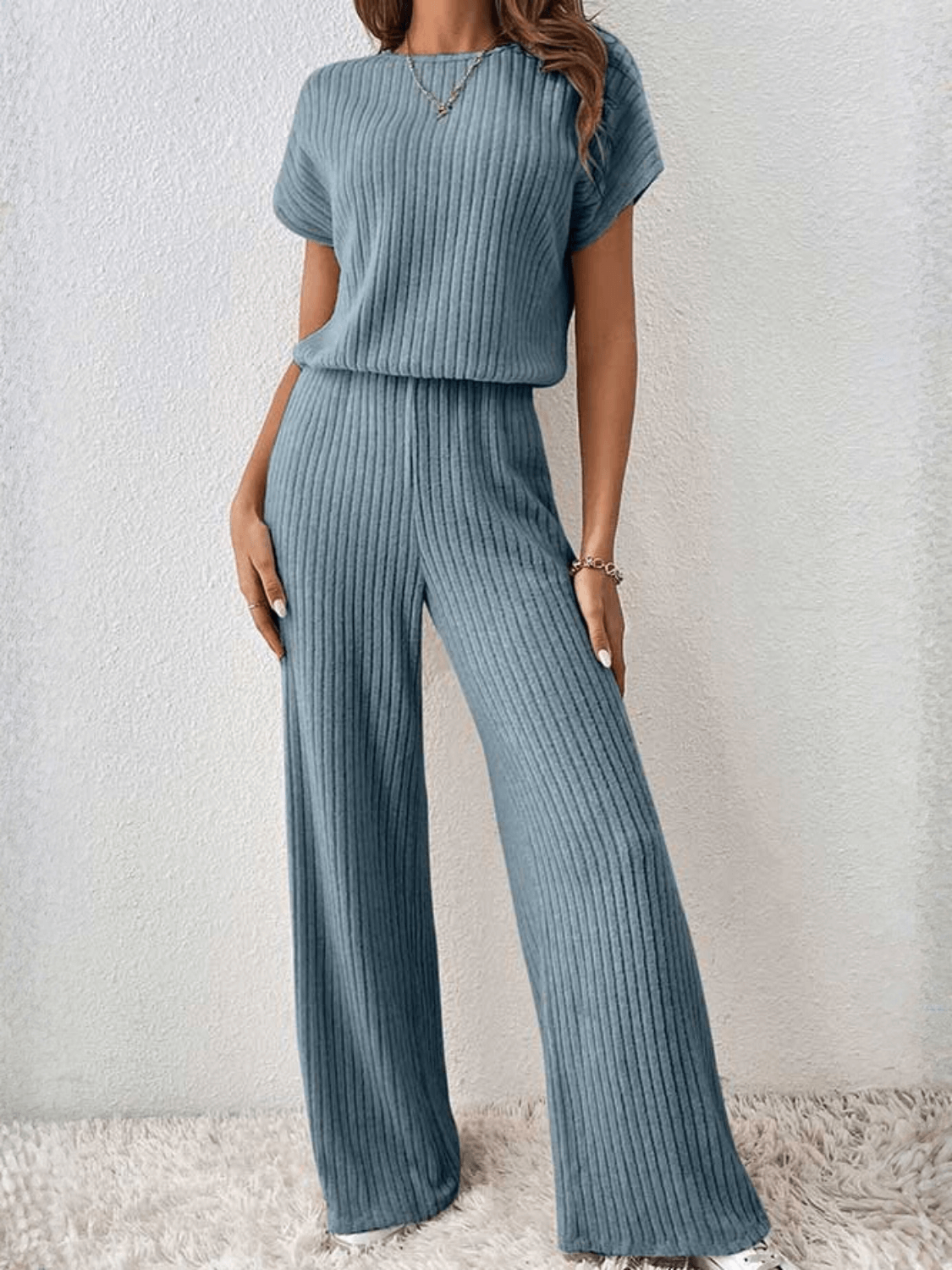 Ribbed Set with Batwing Sleeve Blouse and Wide-Leg Pants – Maite