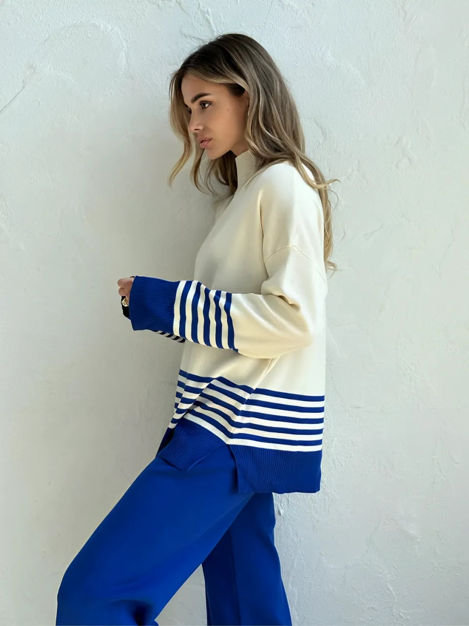 Striped High-Neck Sweater and Elastic-Waist Pants Set – July