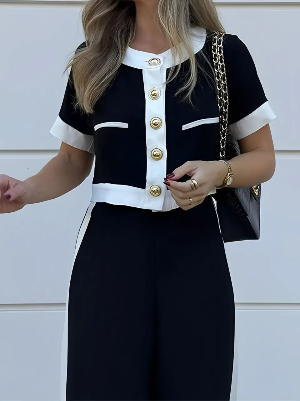 Buttoned Cropped Blouse and High-Waist Pants Set – Victoria