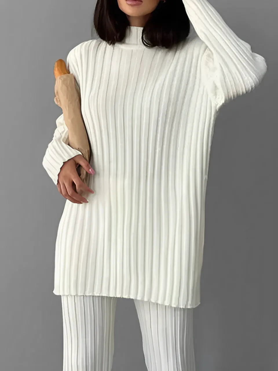 Ribbed Knit Set with High-Neck Sweater and Flare Pants – Luna