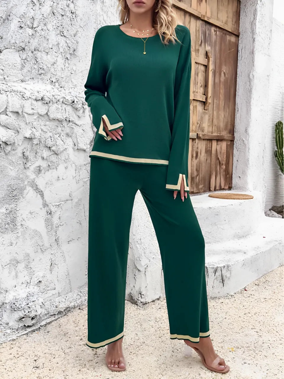 Long-Sleeve Mullet Blouse and Elastic-Waist Pants Set – Adele