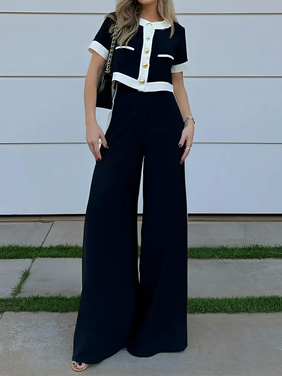 Buttoned Cropped Blouse and High-Waist Pants Set – Victoria