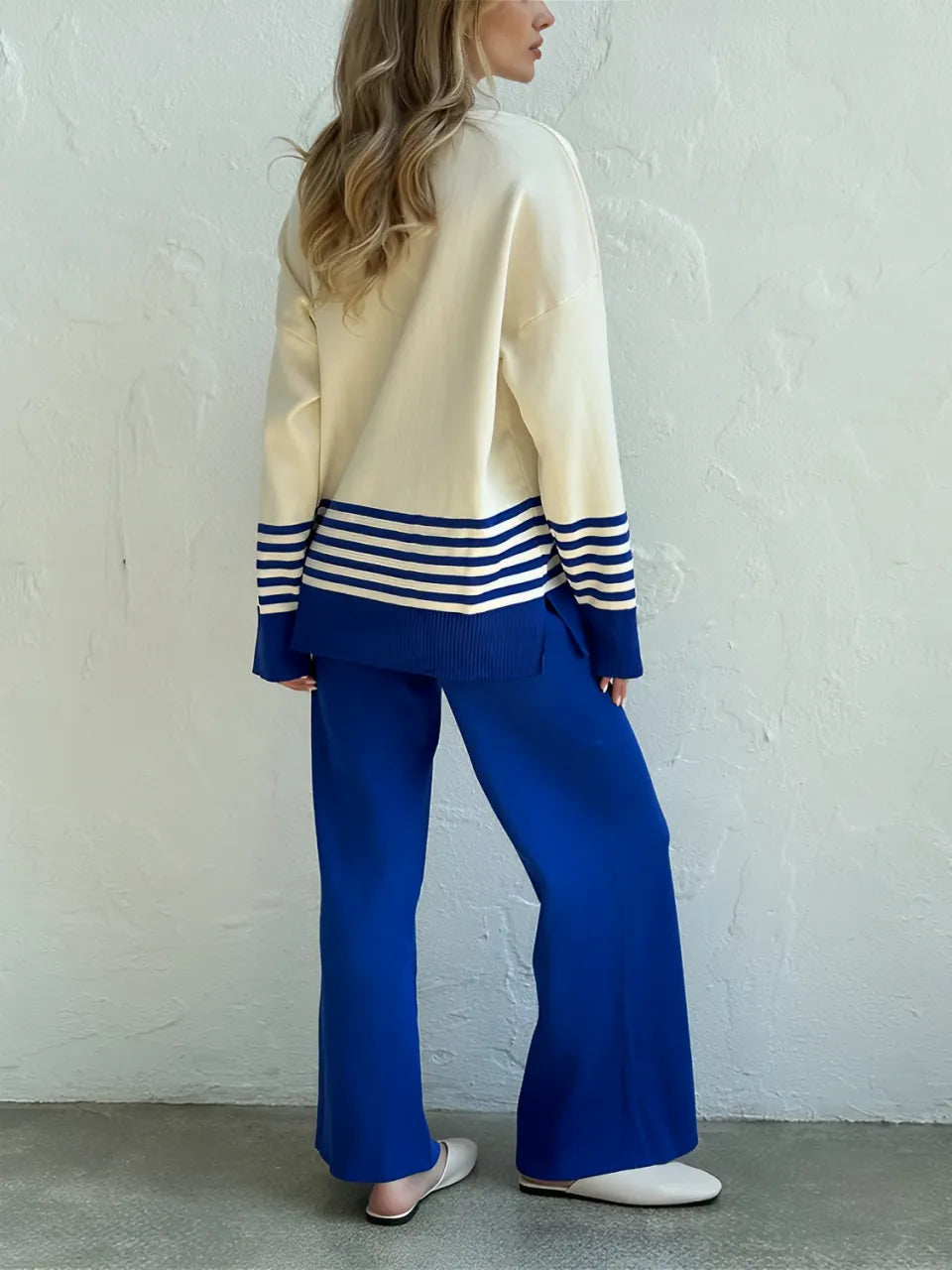 Striped High-Neck Sweater and Elastic-Waist Pants Set – July