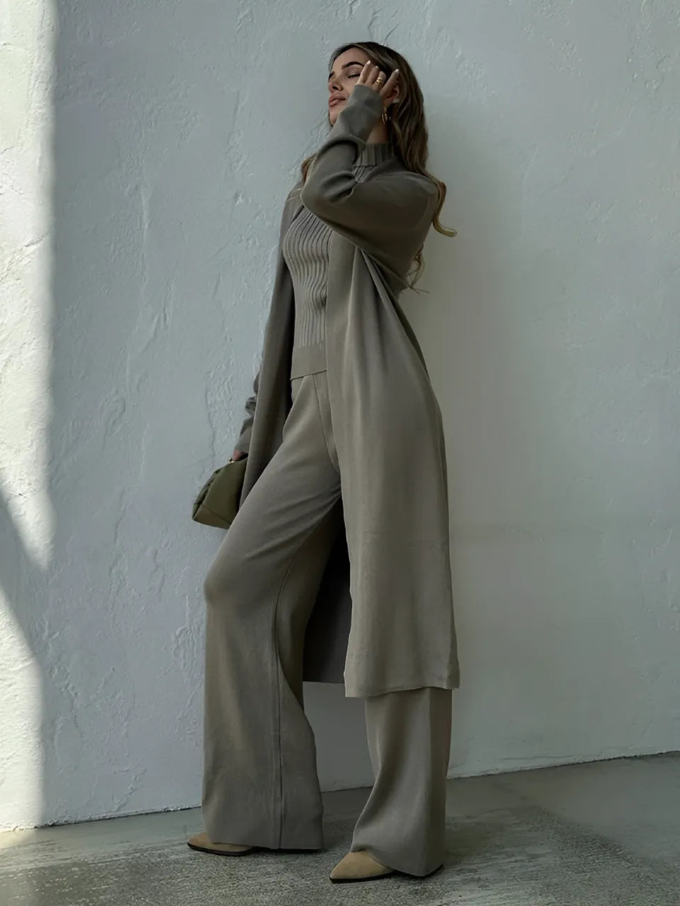 3-Piece Set with Ribbed Blouse, Cardigan, and Wide-Leg Pants – Lolla