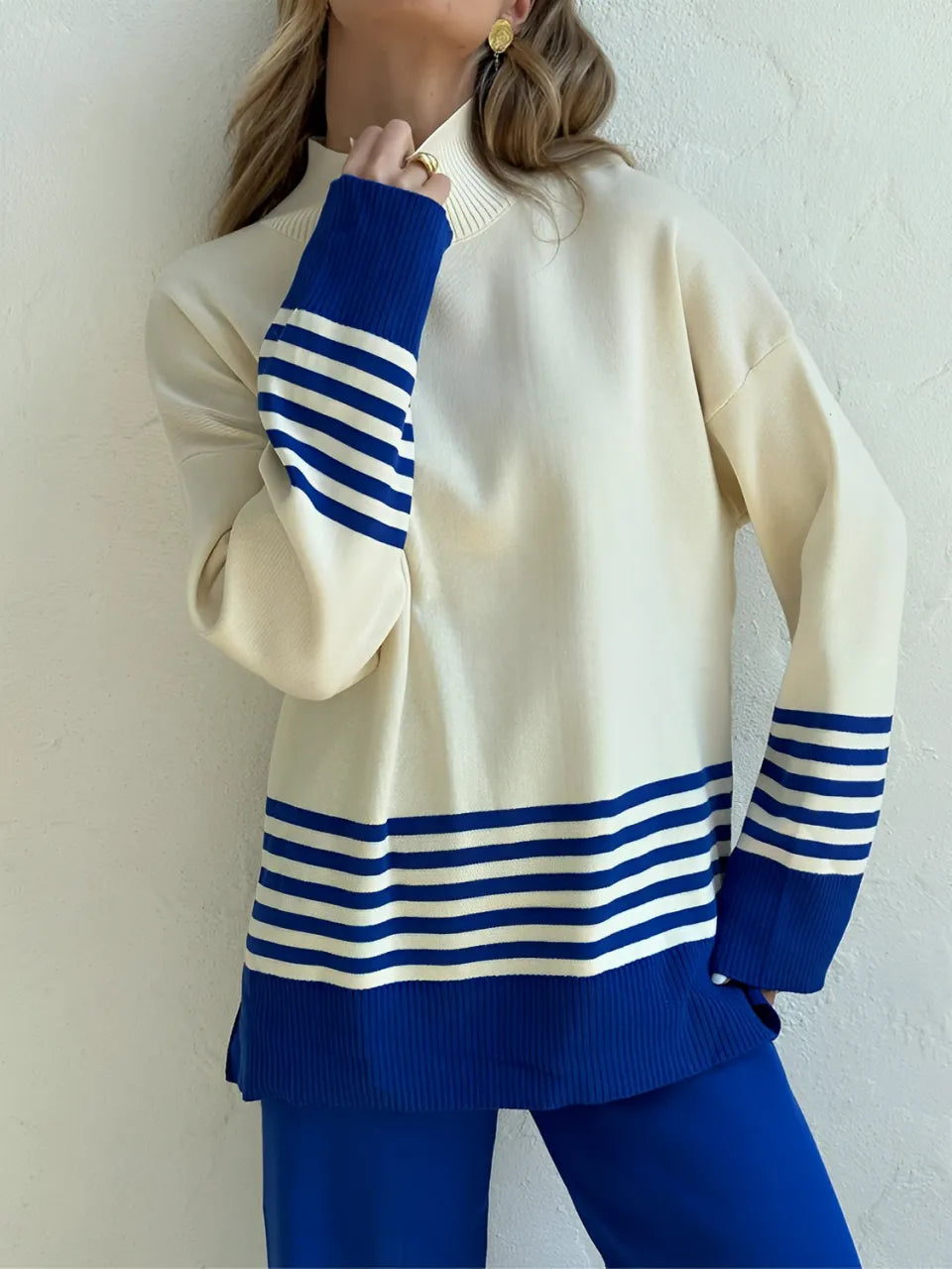 Striped High-Neck Sweater and Elastic-Waist Pants Set – July