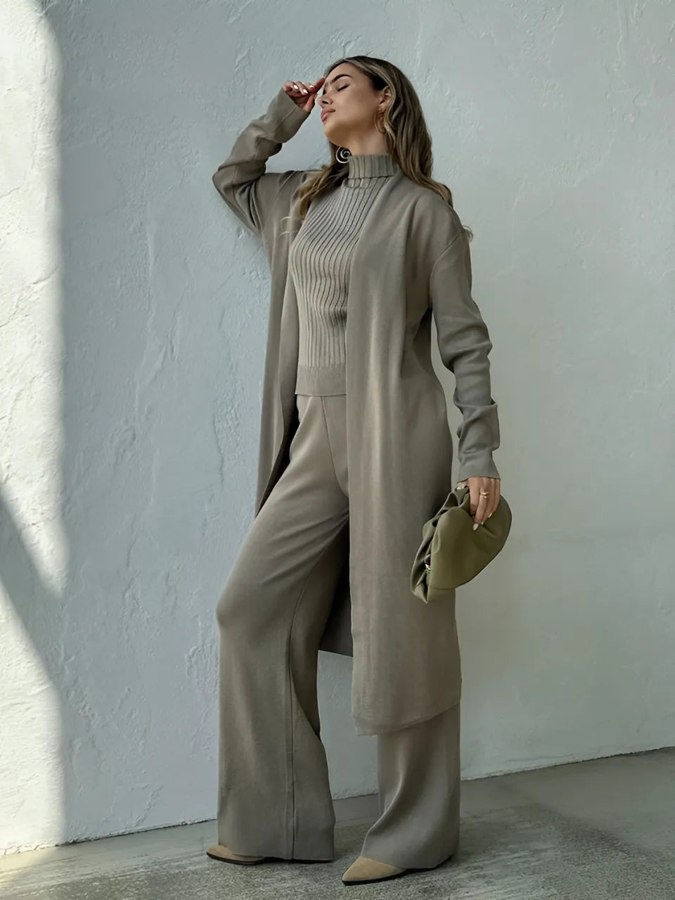 3-Piece Set with Ribbed Blouse, Cardigan, and Wide-Leg Pants – Lolla
