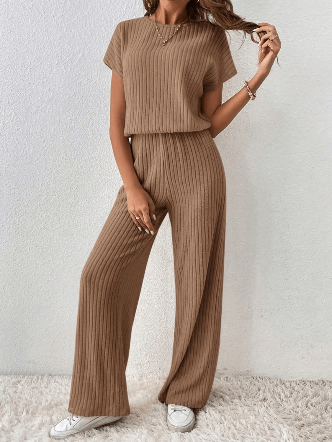Ribbed Set with Batwing Sleeve Blouse and Wide-Leg Pants – Maite