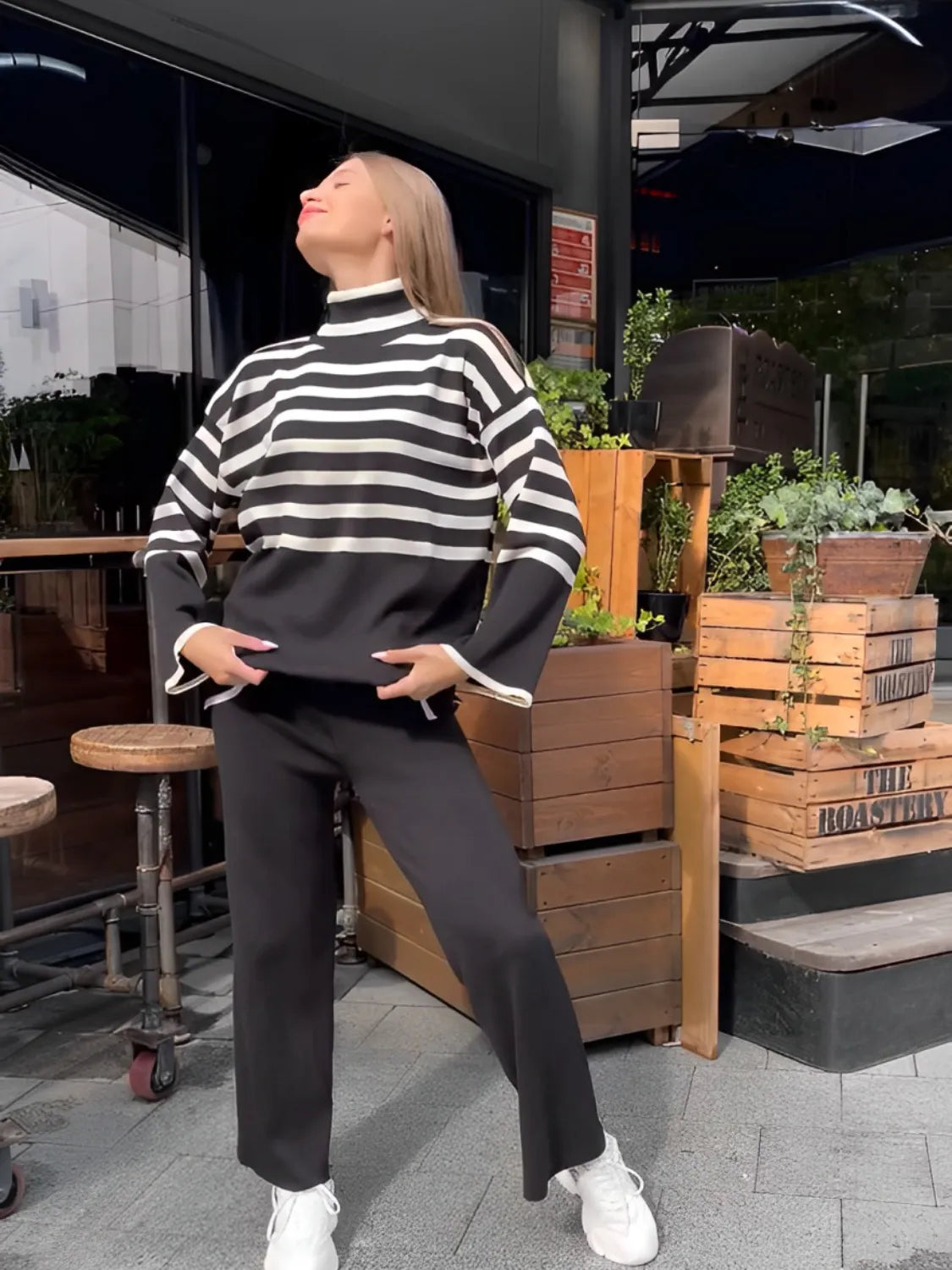 Striped High-Neck Knit Sweater and Lightweight Pants Set – Tarcila