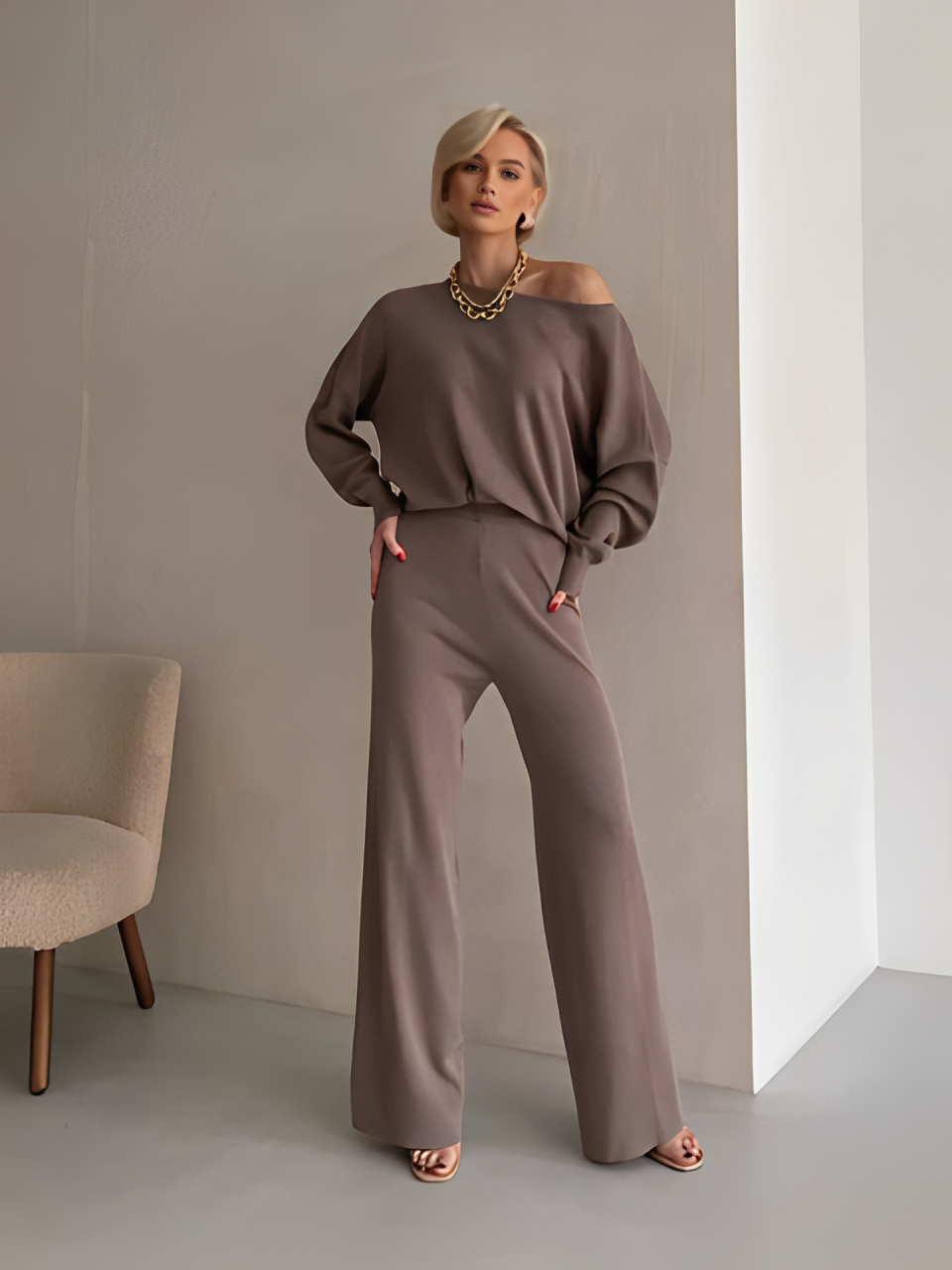 Asymmetric-Neck Blouse and High-Waist Flare Pants Set – Amelia