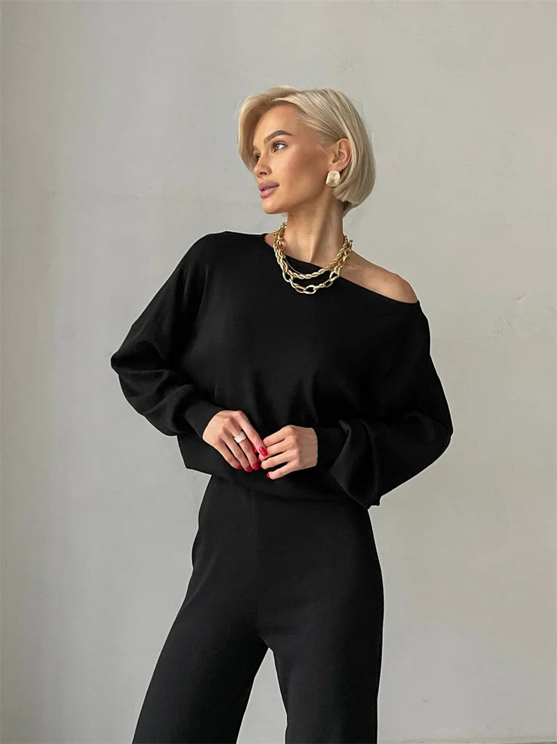 Asymmetric-Neck Blouse and High-Waist Flare Pants Set – Amelia