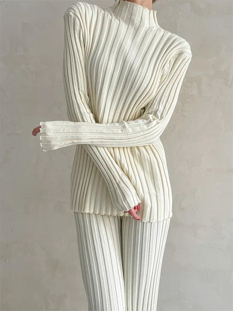 Ribbed Knit Set with High-Neck Sweater and Flare Pants – Luna