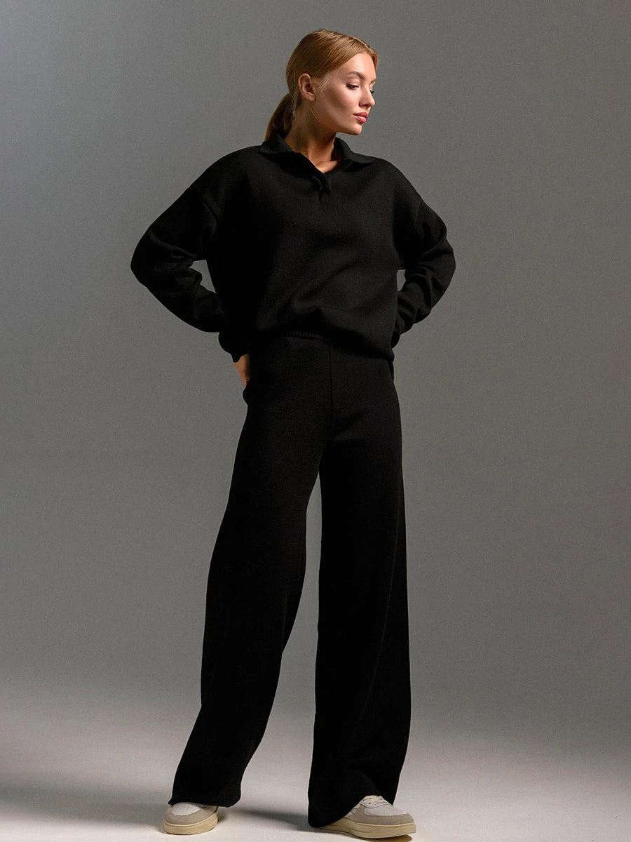 Polo-Neck Sweater and Elastic-Waist Flare Pants Set – Isis