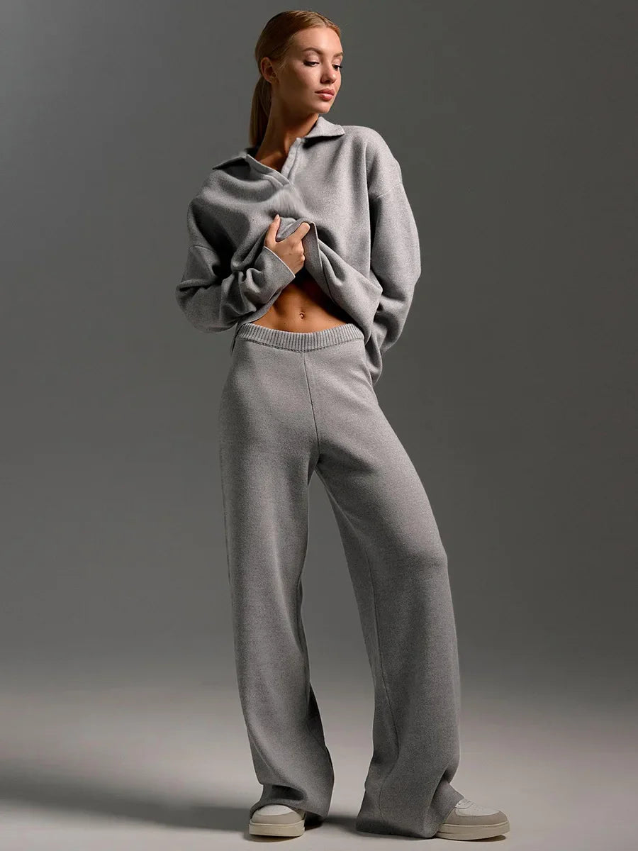 Polo-Neck Sweater and Elastic-Waist Flare Pants Set – Isis