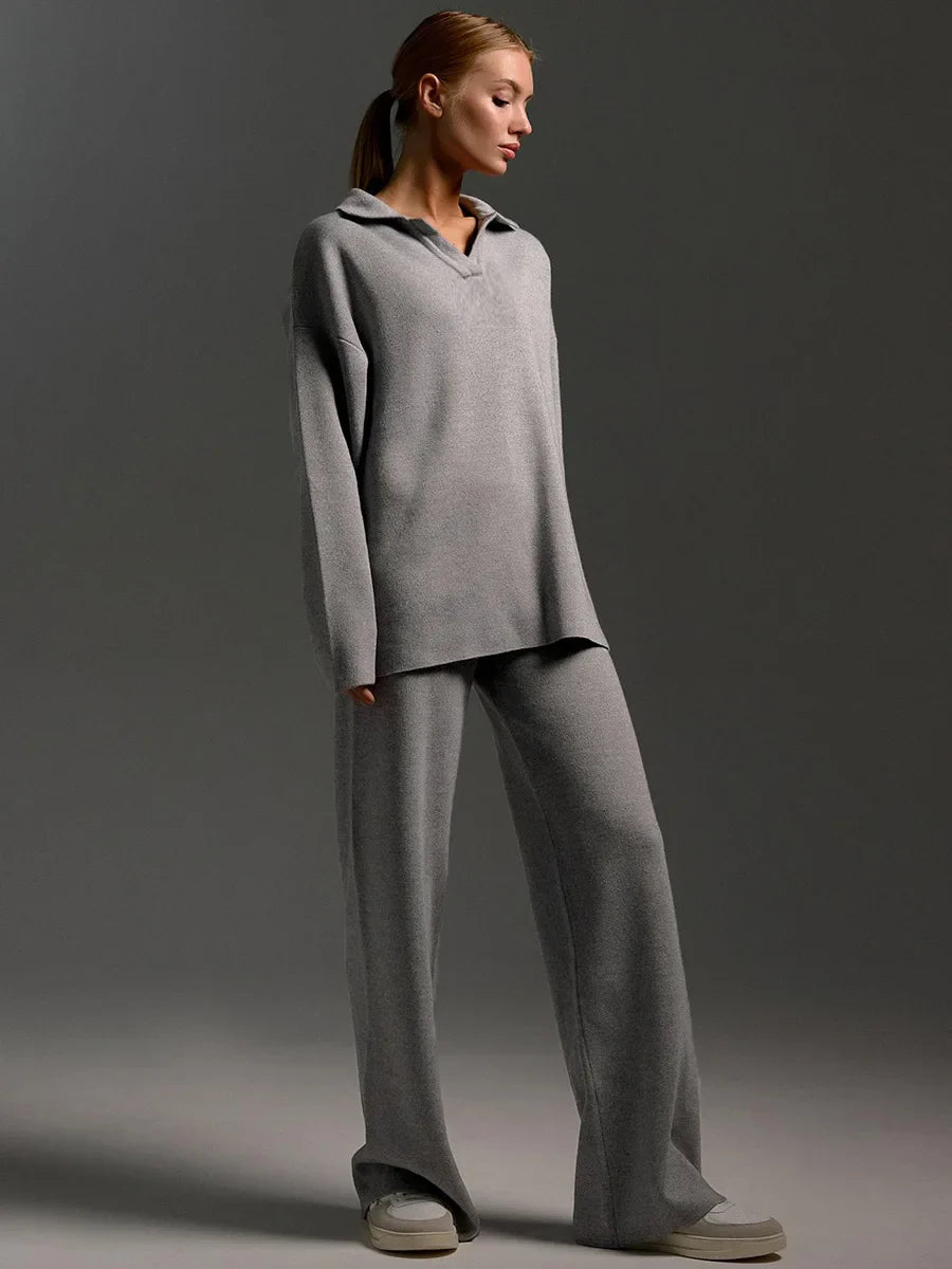 Polo-Neck Sweater and Elastic-Waist Flare Pants Set – Isis