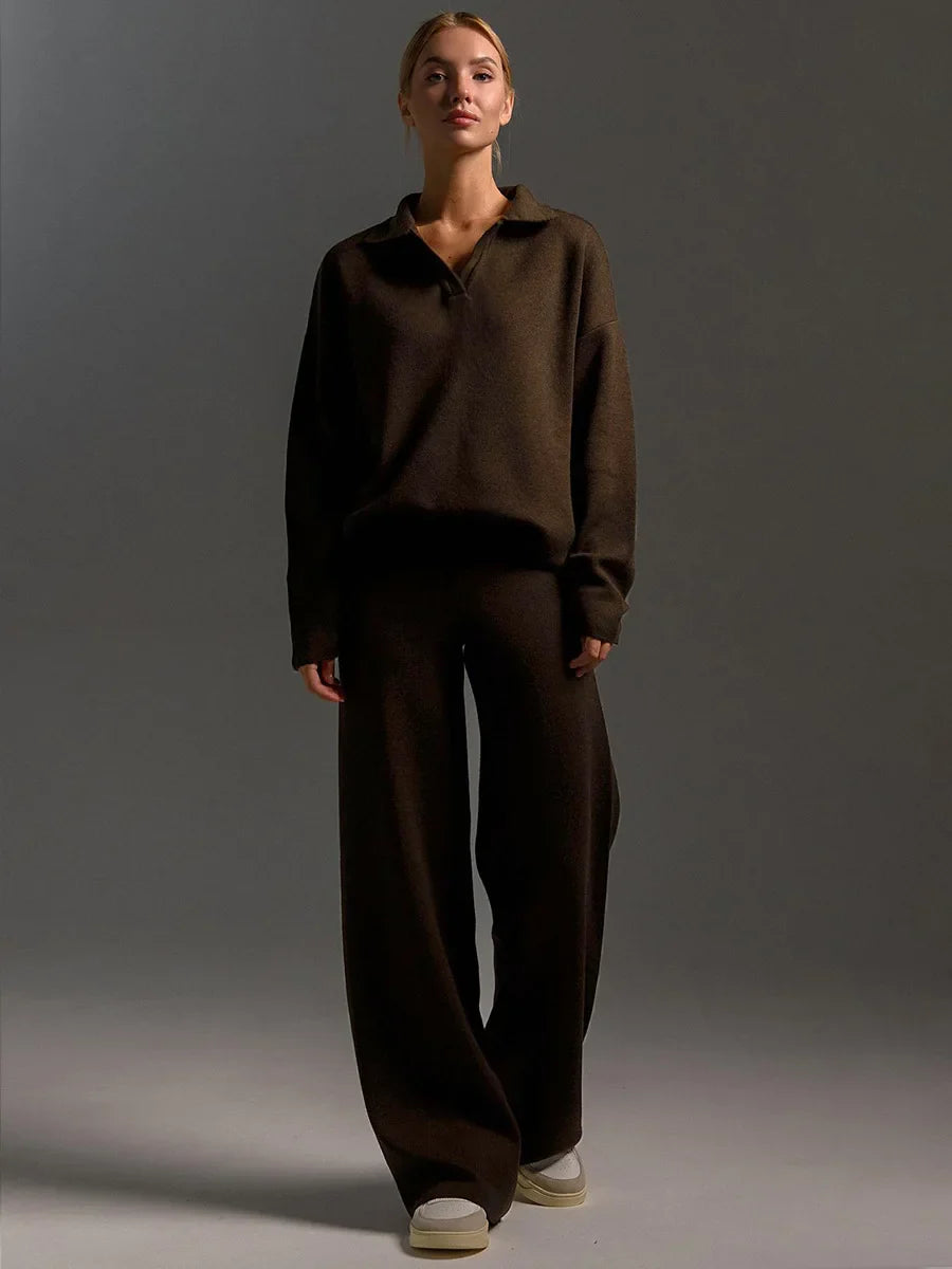 Polo-Neck Sweater and Elastic-Waist Flare Pants Set – Isis