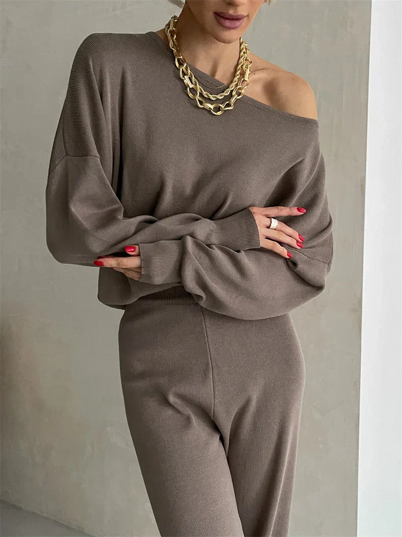 Asymmetric-Neck Blouse and High-Waist Flare Pants Set – Amelia